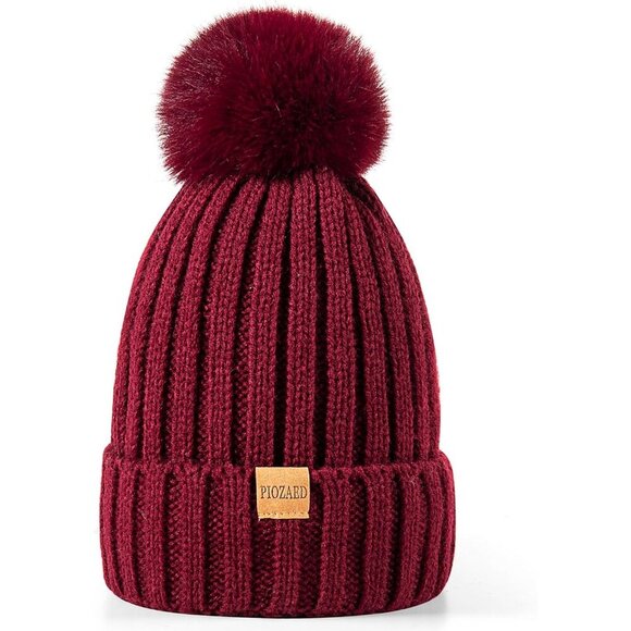 Women\'s Beanie Fleece Lined Wine Red Winter Skull Faux Fur Pom Cuff Hat Cap main image 7